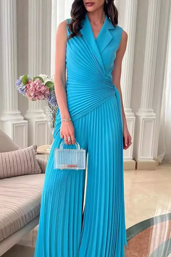 Pleated Lace-Up Lapel Wide-Leg Jumpsuit