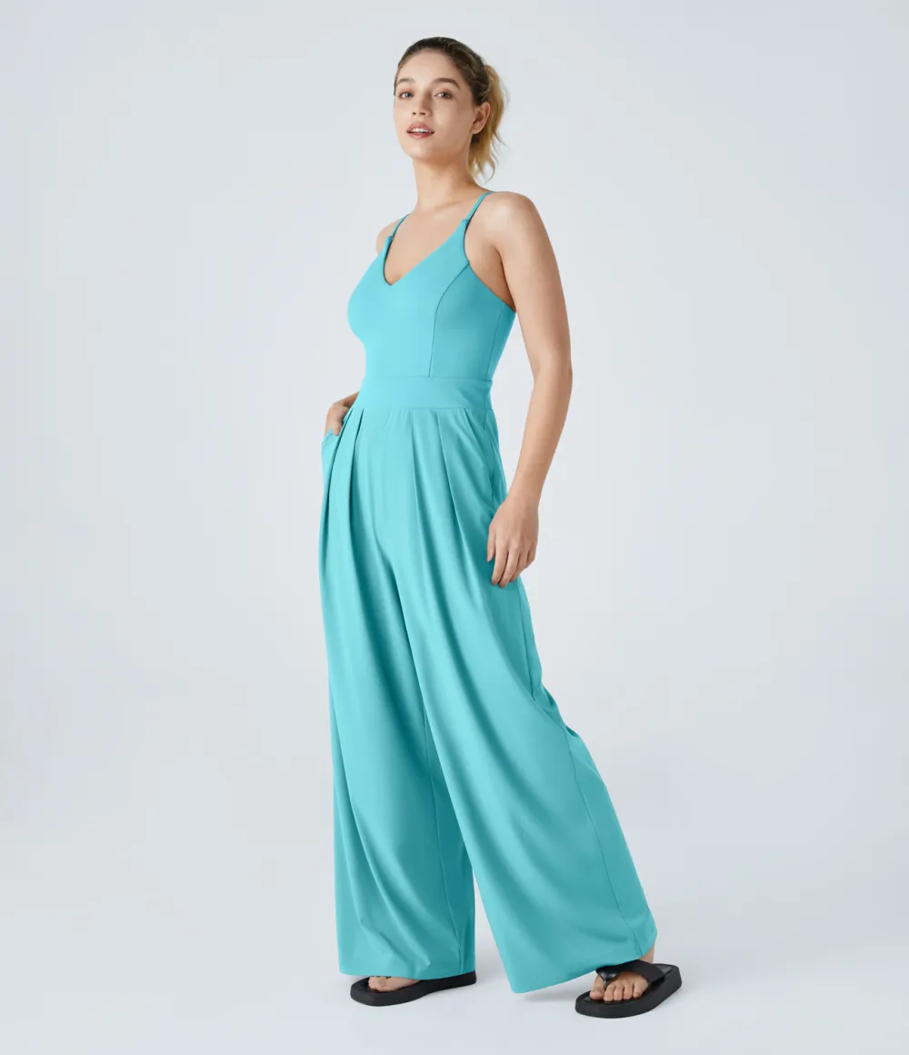 Breezeful Backless Side Invisible Zipper Pocket Wide Leg Quick Dry Resort Slip Jumpsuit