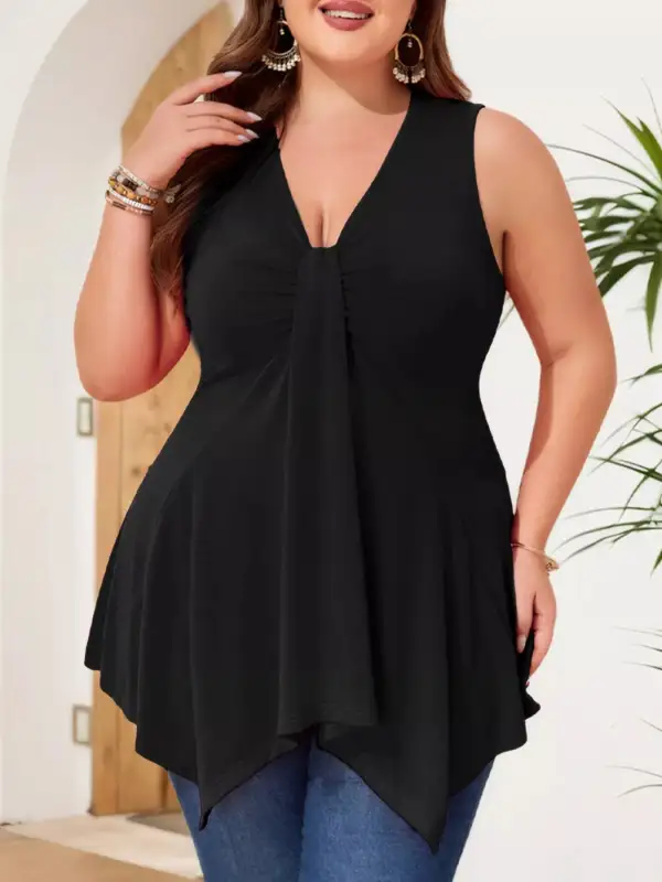 Plus Size V Neck Ruched Flowy Tank