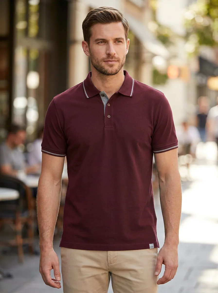 Men's Navy Blue Contrast Trim Casual Printed Polo Shirt
