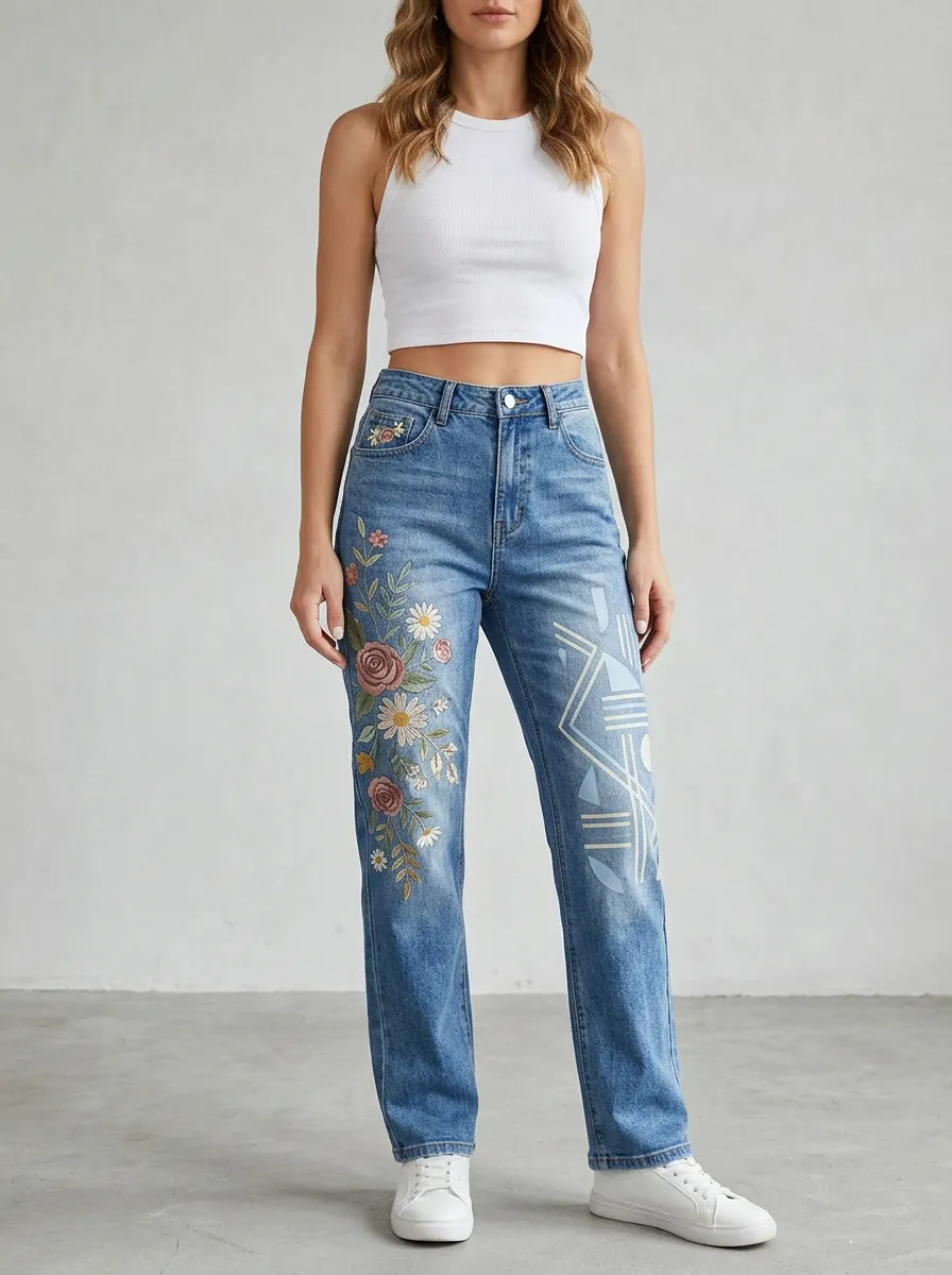 Women's Floral Geometric Embroidery Printed Straight Leg Jeans