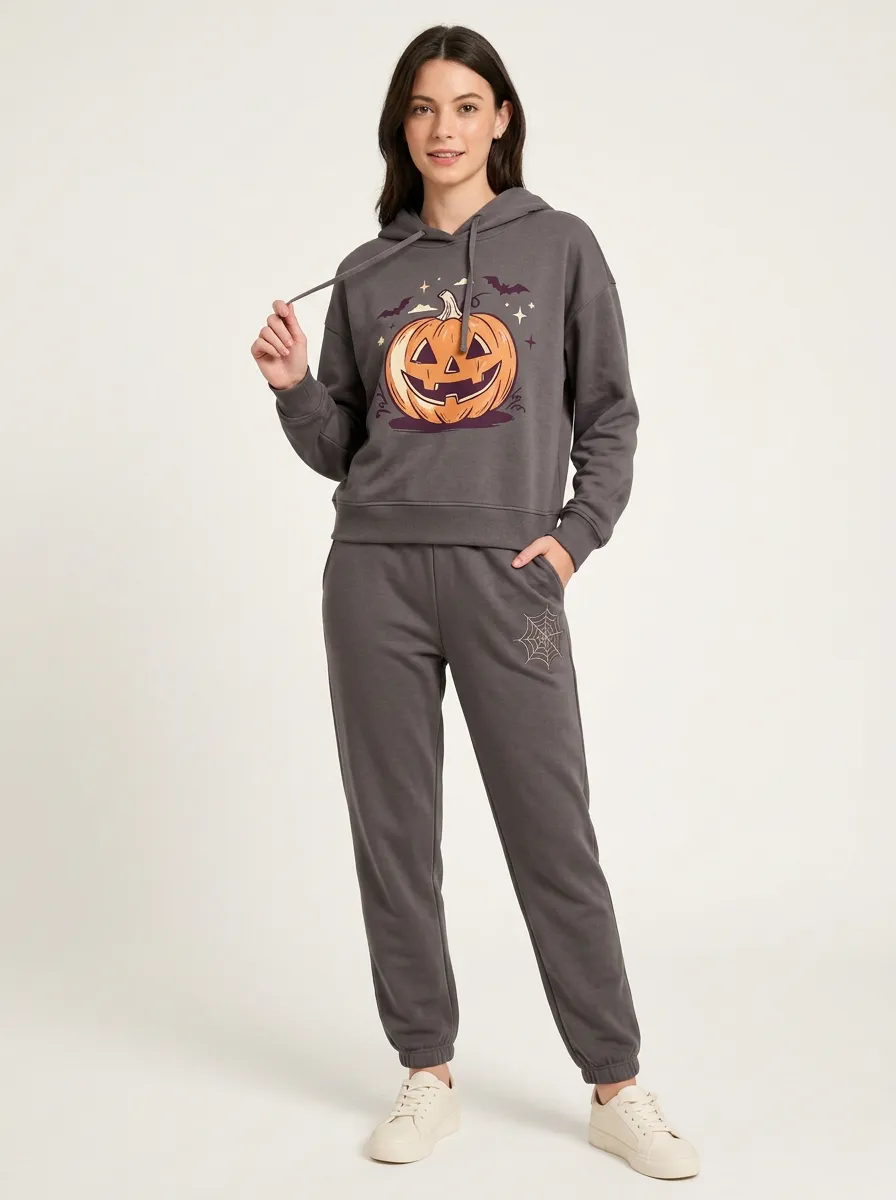 Women's Halloween Pumpkin Bat Spiderweb Printed Tracksuit