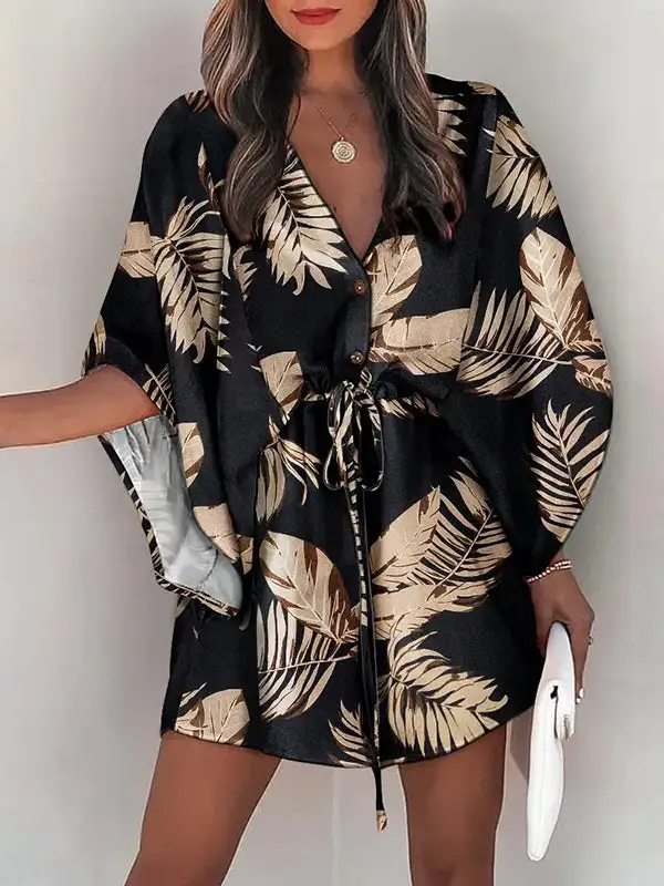 Original Relaxed Leaf Printed Contrast Color Tied Buttoned Mini Shirt Dress
