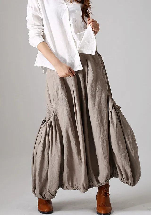 Structured Linen Pleated Pocketed Maxi Skirt