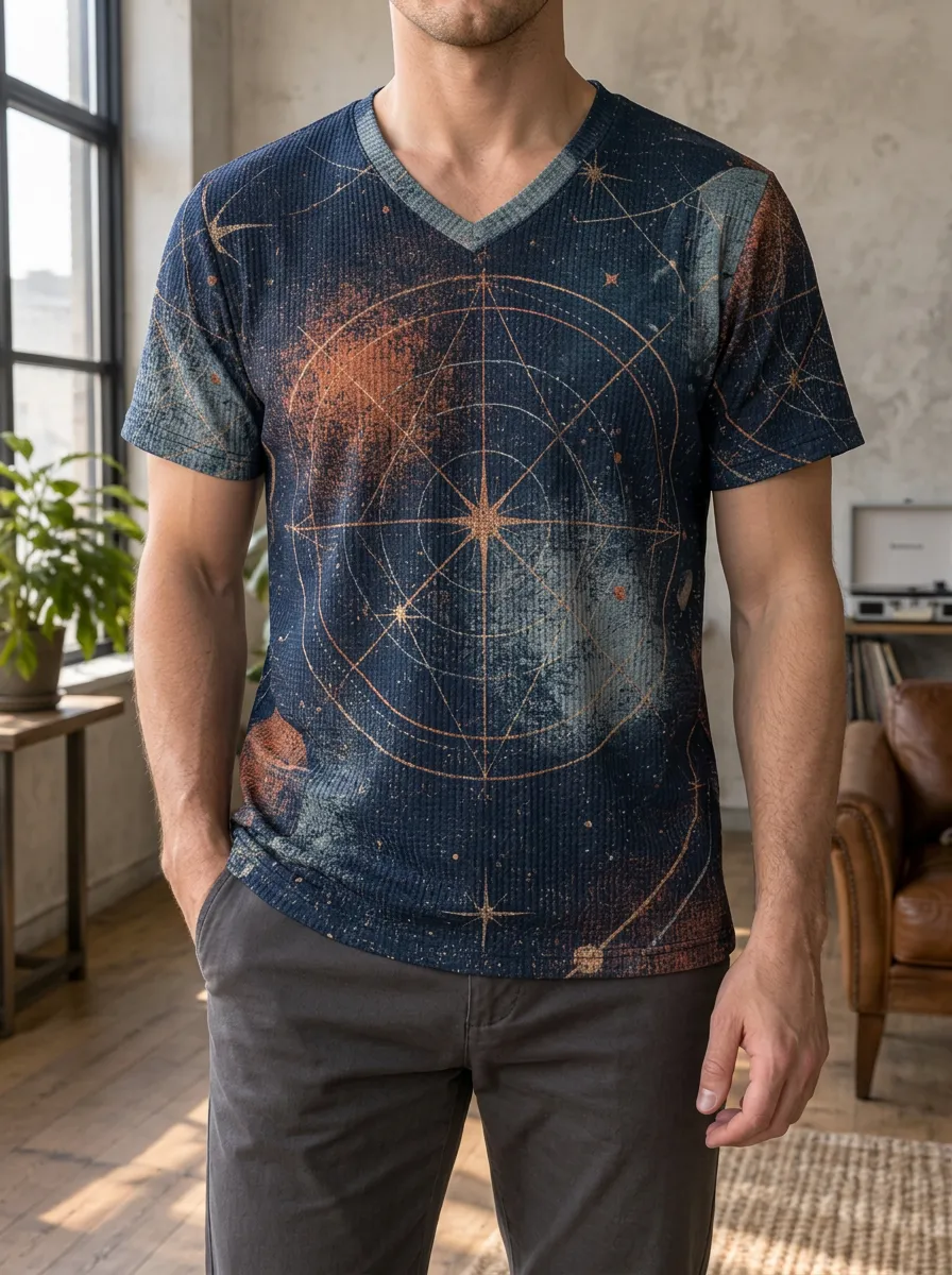 Men's Celestial Geometric Compass Printed V-Neck T-Shirt