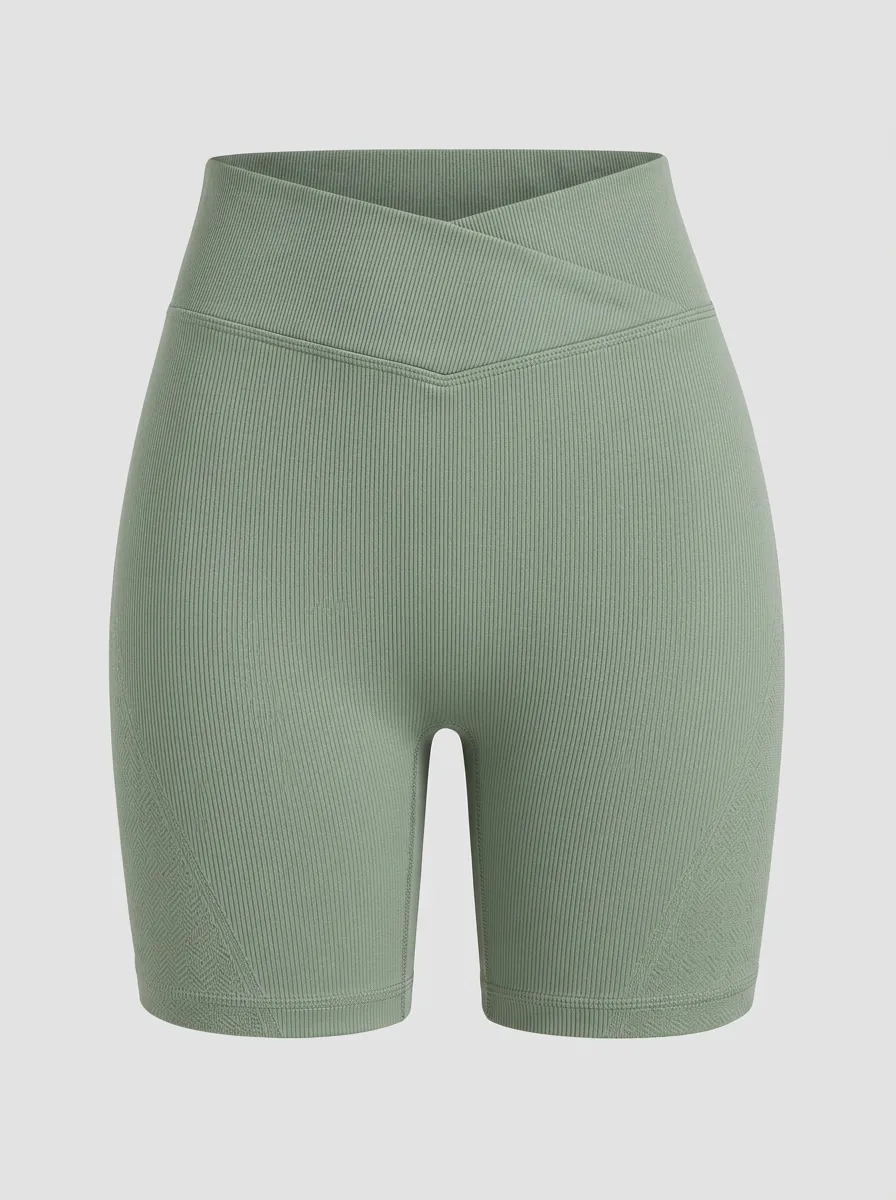 Women's Yoga Fitness Sage Green Cross-Waist Ribbed Biker Shorts