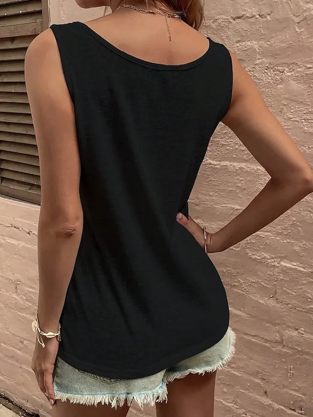 Women's Tank Top Black White Light Green Plain Button Sleeveless Casual Basic U Neck Regular S