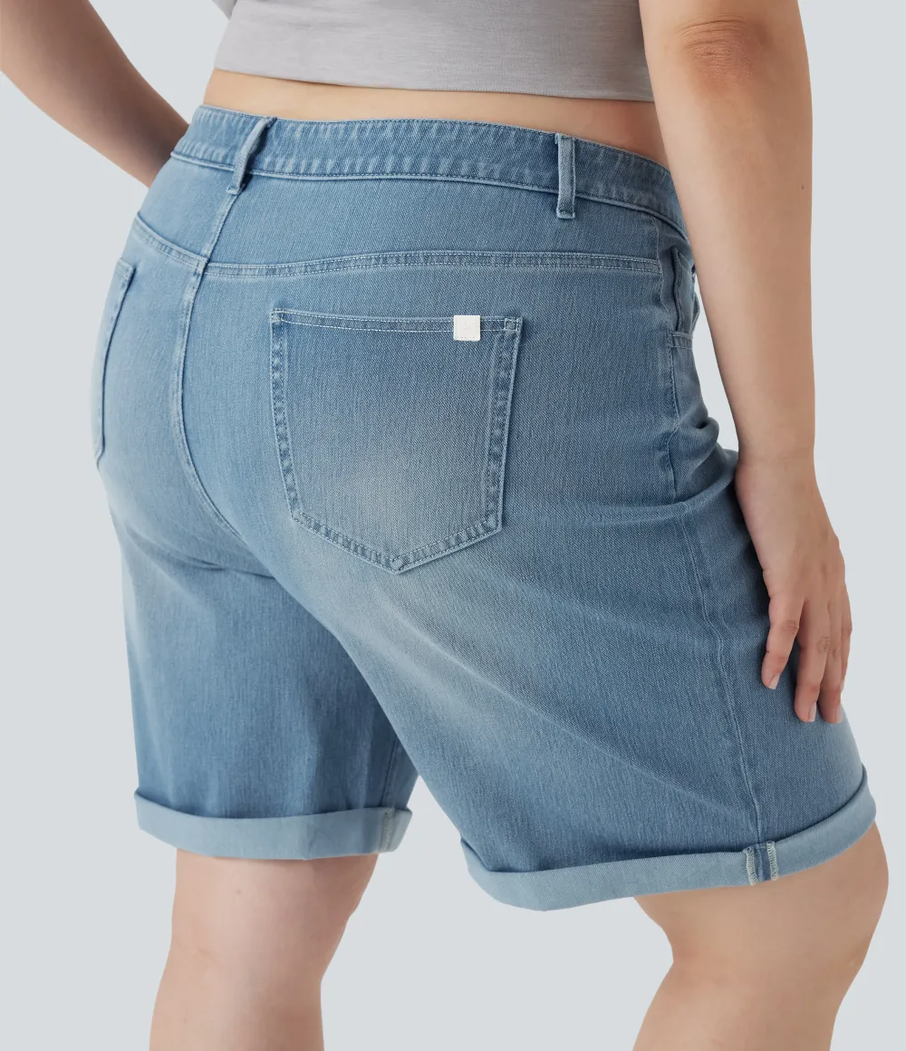  High Waisted Multiple Pockets Rolled Hem Washed Stretchy Knit Denim Casual Plus Size Bermuda Shorts