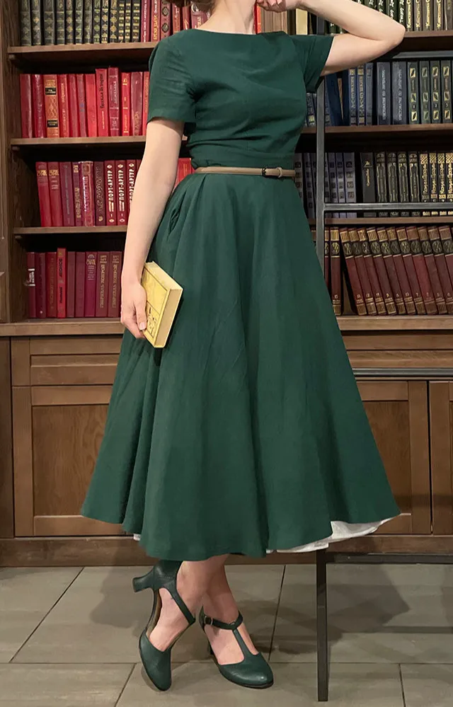 Classic Linen Cotton Swing Short Sleeve Midi Dress