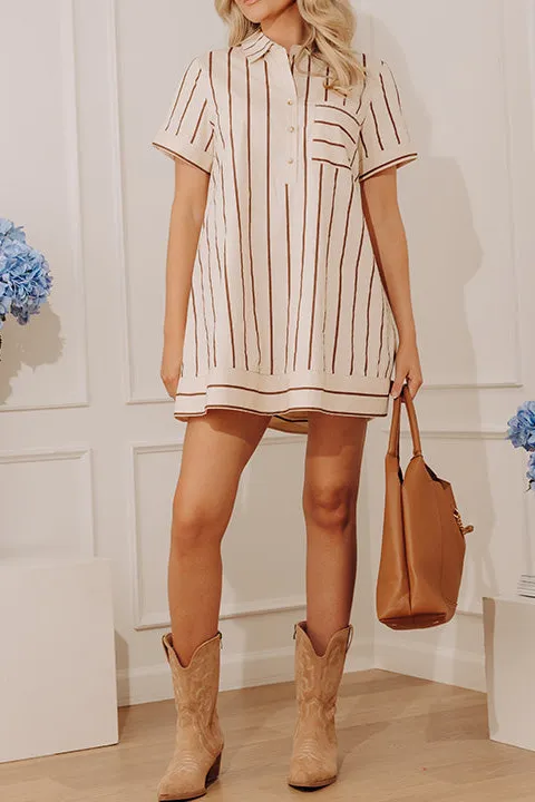 Button-Front Striped V-Neck Short Sleeve A-Line Mini Dress