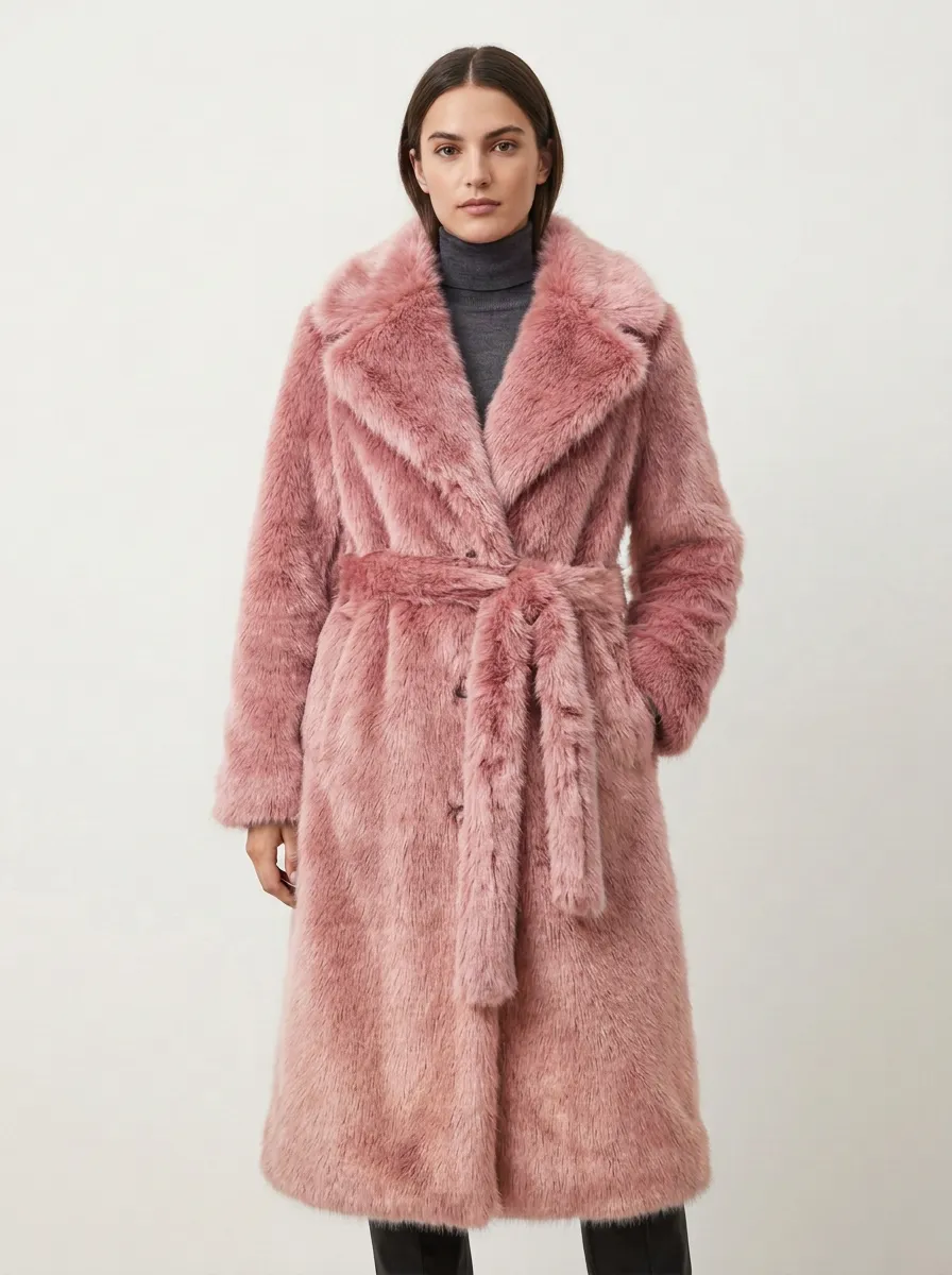 Notched Lapel Ombre Faux Fur Belted Coat