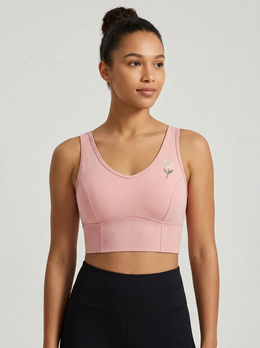 Women's Daisy-Embroidered V-Neck Reinforced-Trim Sports Bra