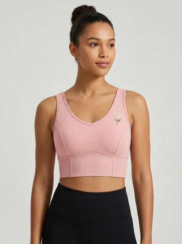 Women's Daisy-Embroidered V-Neck Reinforced-Trim Sports Bra