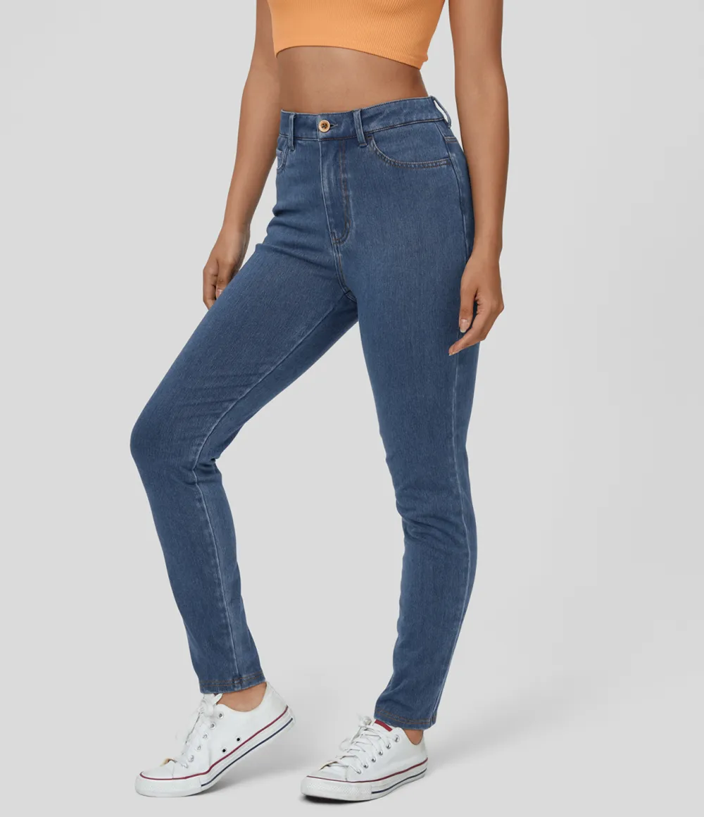 Magic High Waisted Button Zipper Multiple Pockets Stretchy Knit Casual Jeans
