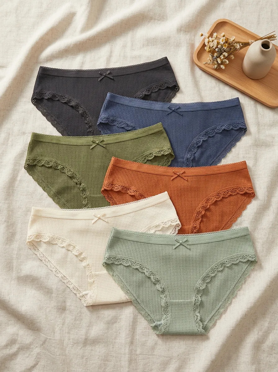 Women's Waffle Knit Lace Trim Bow Detail 6-Pack Panty Set