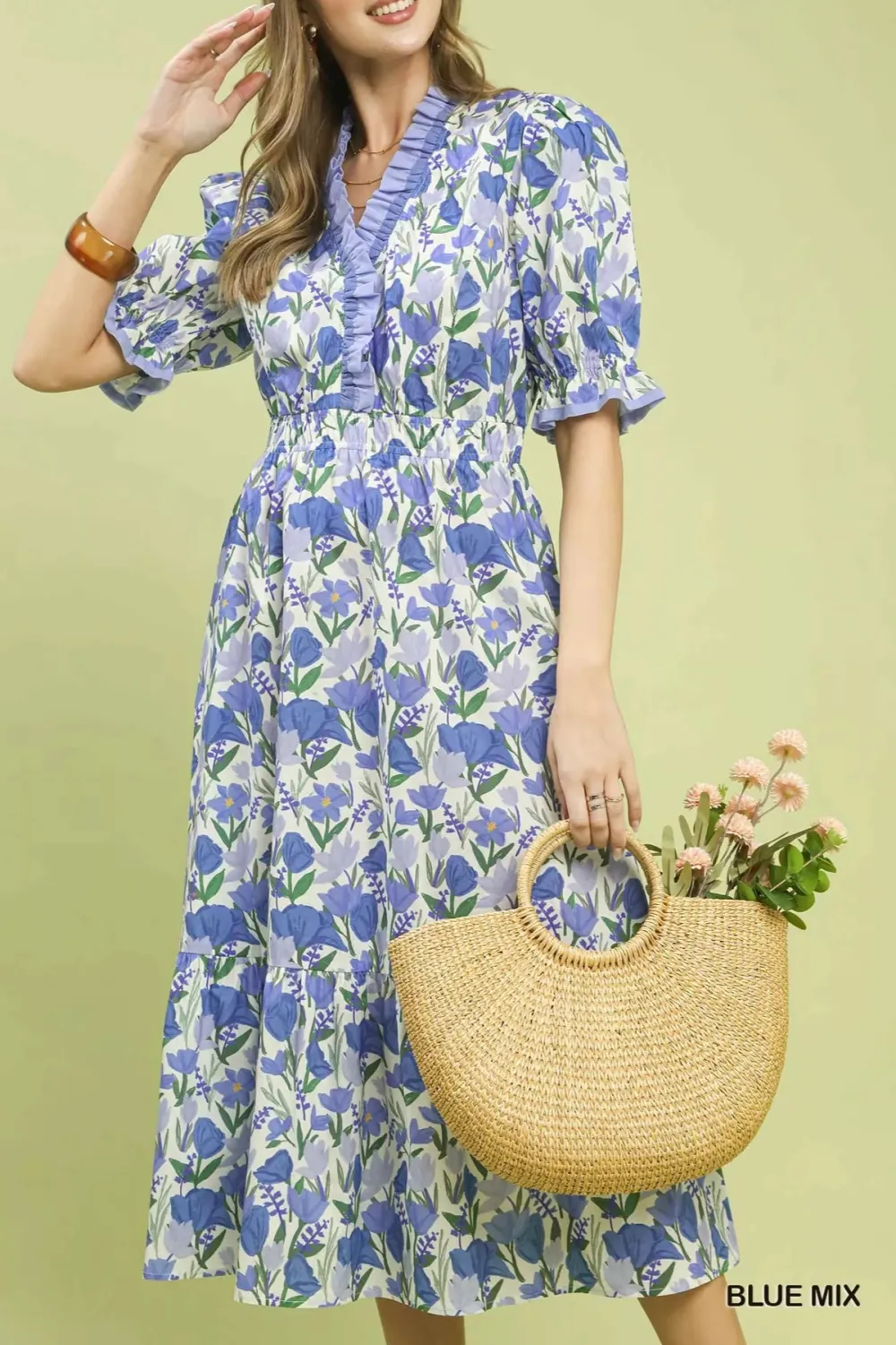 Floral Print Tiered Pocketed Midi Dress
