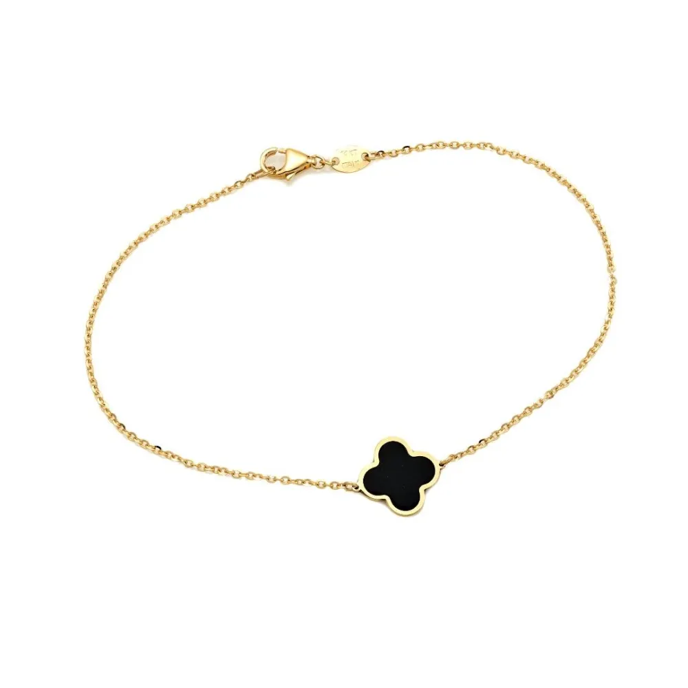 Solid Gold Single Onyx Leaf Clover Bracelet
