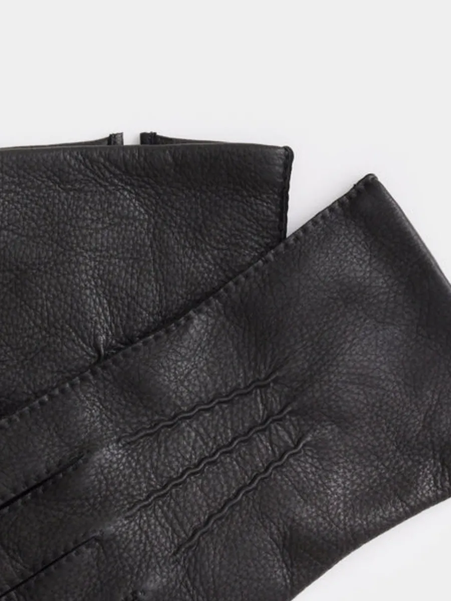 Black Textured Leather Gloves