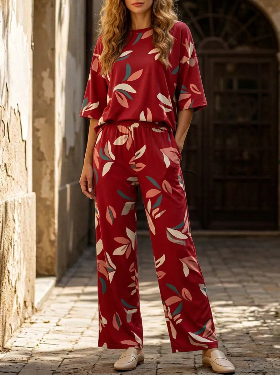 Women's Botanical Leaf Print Elbow-Sleeve Top And Straight-Leg Trouser Lounge Set