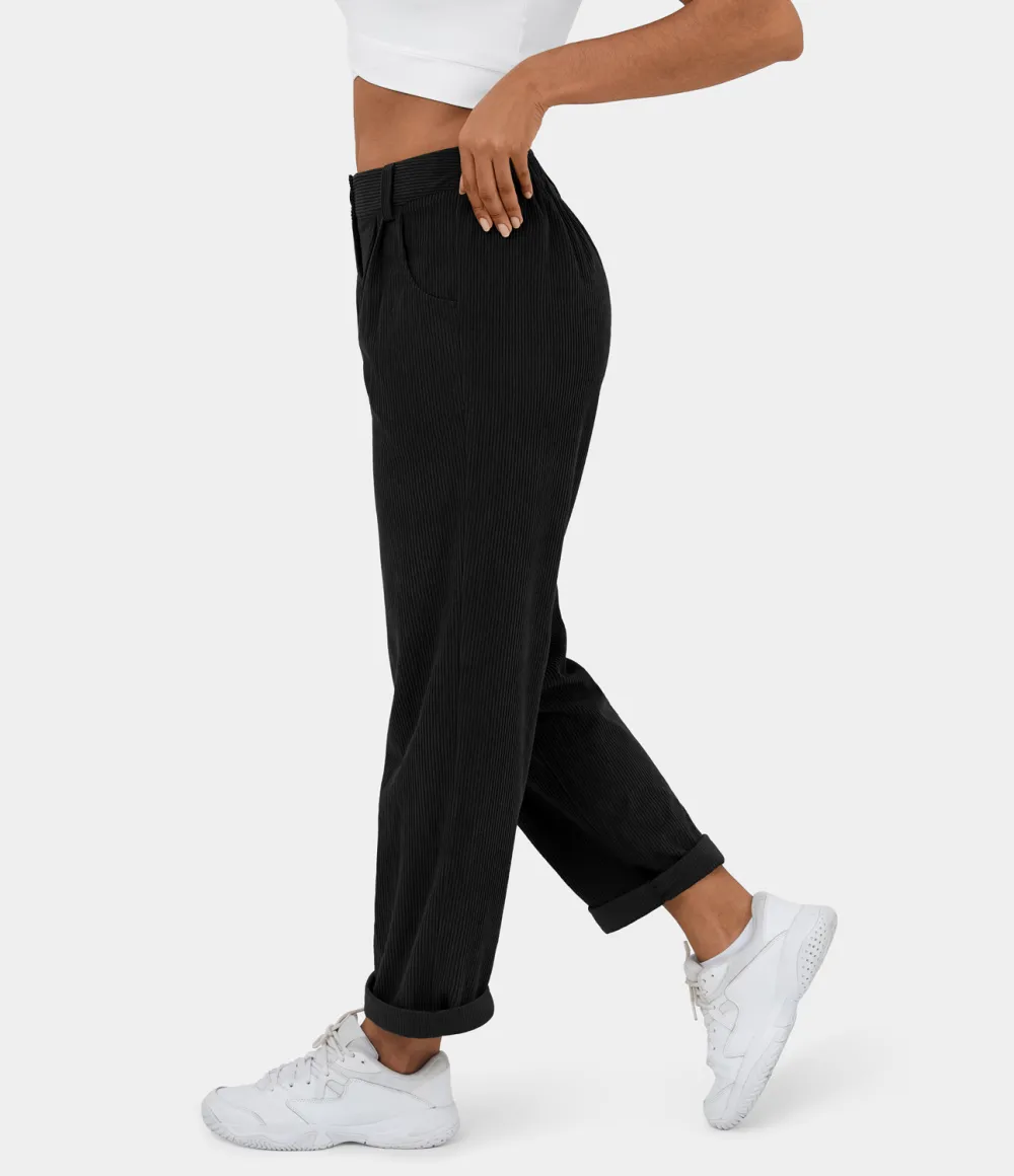 Mid Rise Button Zipper Side Pocket Corduroy Casual Pants