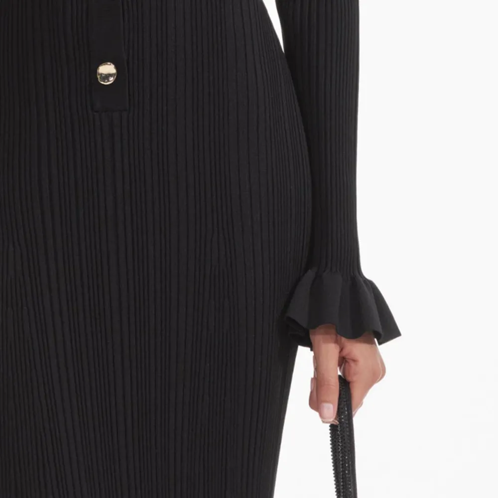 Black Ribbed Knit Fluted Midi Dress
