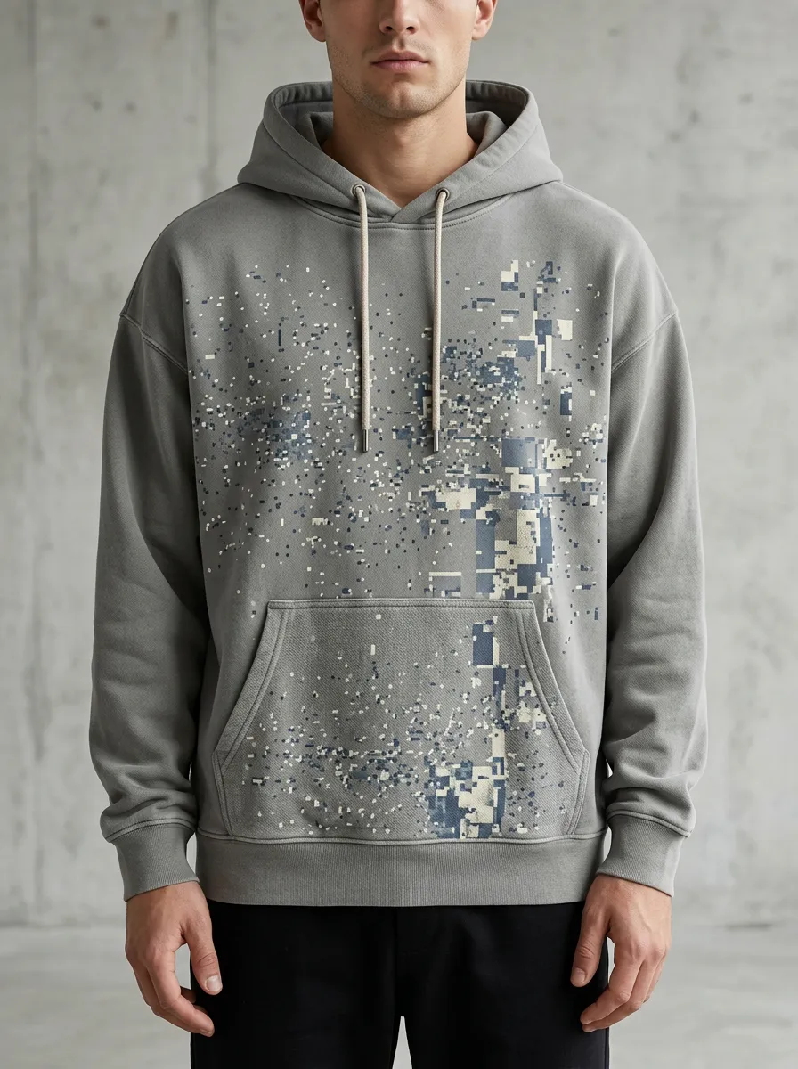 Men's Techwear Style Digital Glitch Print Hoodie