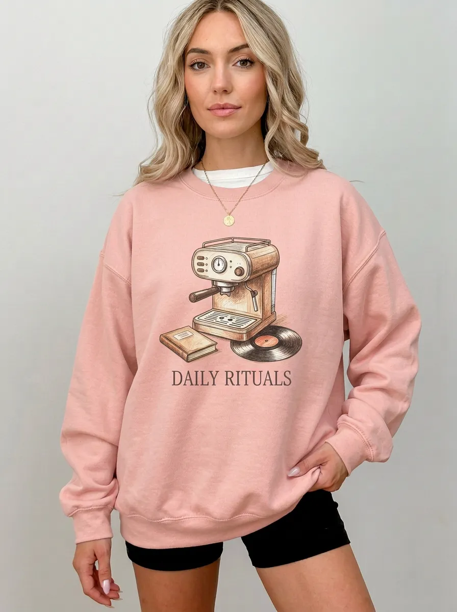Women's Coffee Daily Rituals Espresso Machine Vinyl Record Graphic Sweatshirt