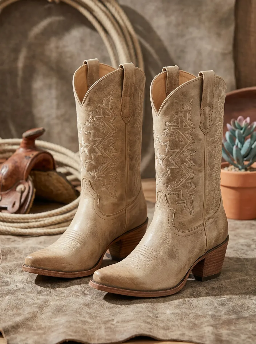 Unisex Adventure Western Cowboy Star Embroidered Printed Boots