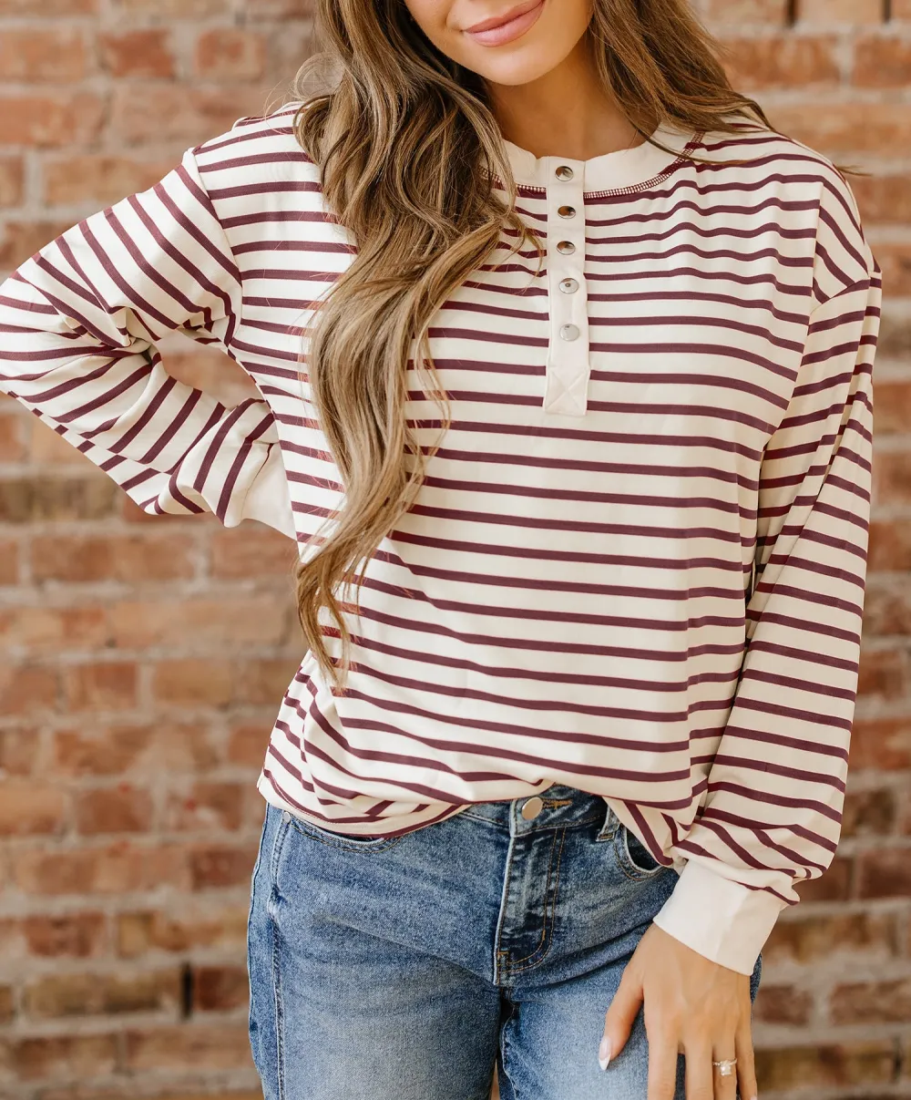 Women's Striped Henley Neck Long Sleeve Top