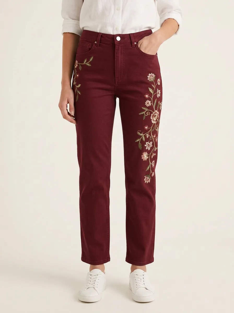 Women's Mid-Blue Floral Embroidered High-Rise Five-Pocket Straight Leg Jeans