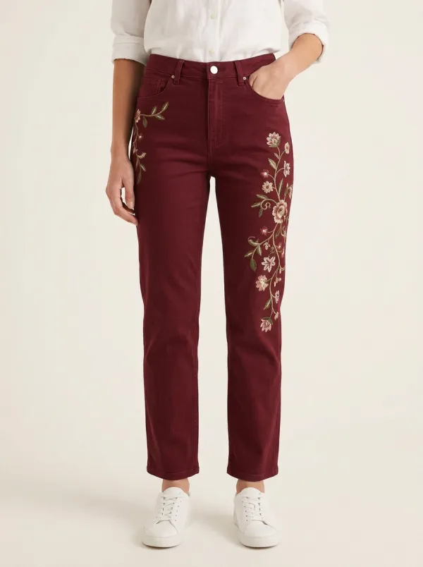 Women's Mid-Blue Floral Embroidered High-Rise Five-Pocket Straight Leg Jeans