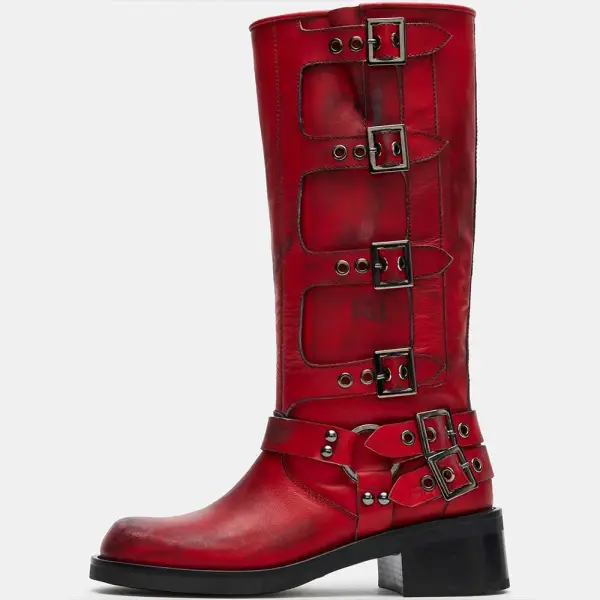 Faux-Leather Distressed Buckle-Detail Round-Toe Knee-High Boots