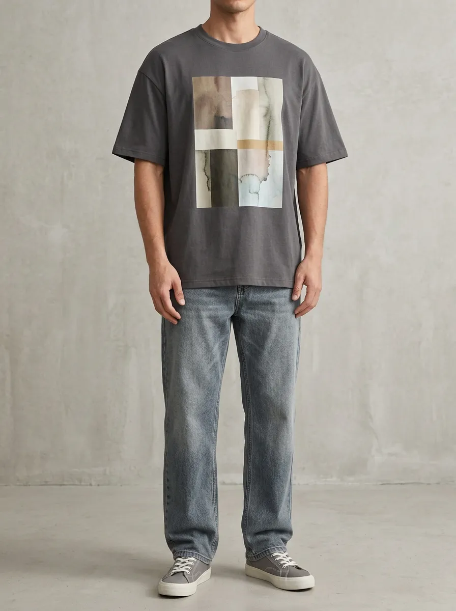 Men's Abstract Watercolor Block Printed T-Shirt and Jeans Set