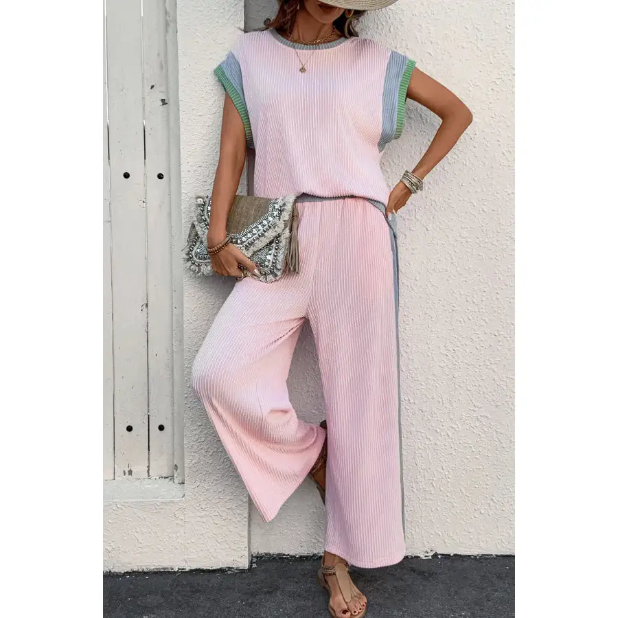 Relaxed Contrast Round Neck Top and Pants Set