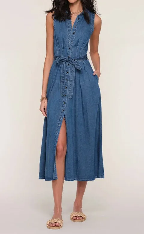 Women's Blue Denim Belted Midi Shirt Dress