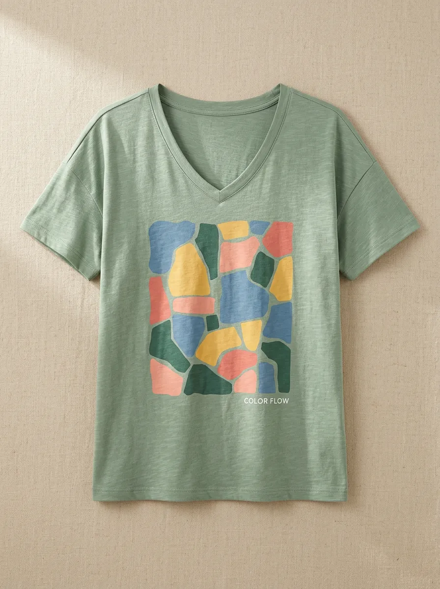 Women's Abstract Art Color Flow Mosaic Printed V-Neck T-Shirt
