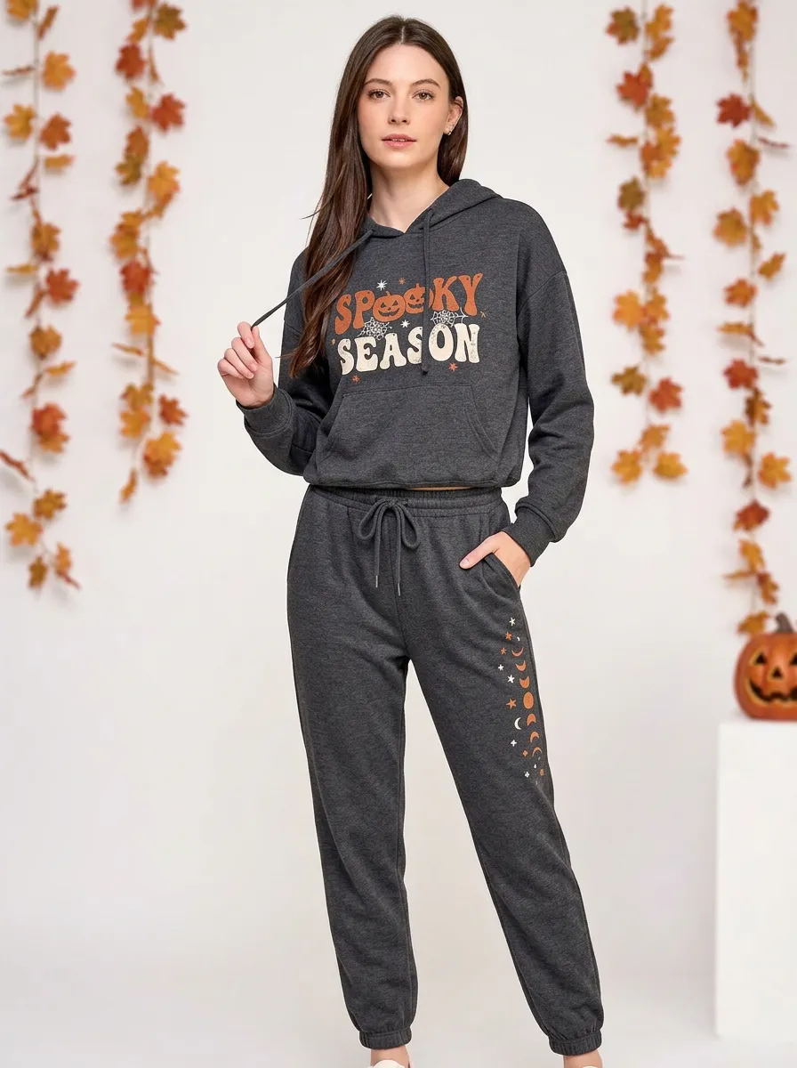 Women's Halloween Spooky Season Pumpkin Moon Printed Jogger Set
