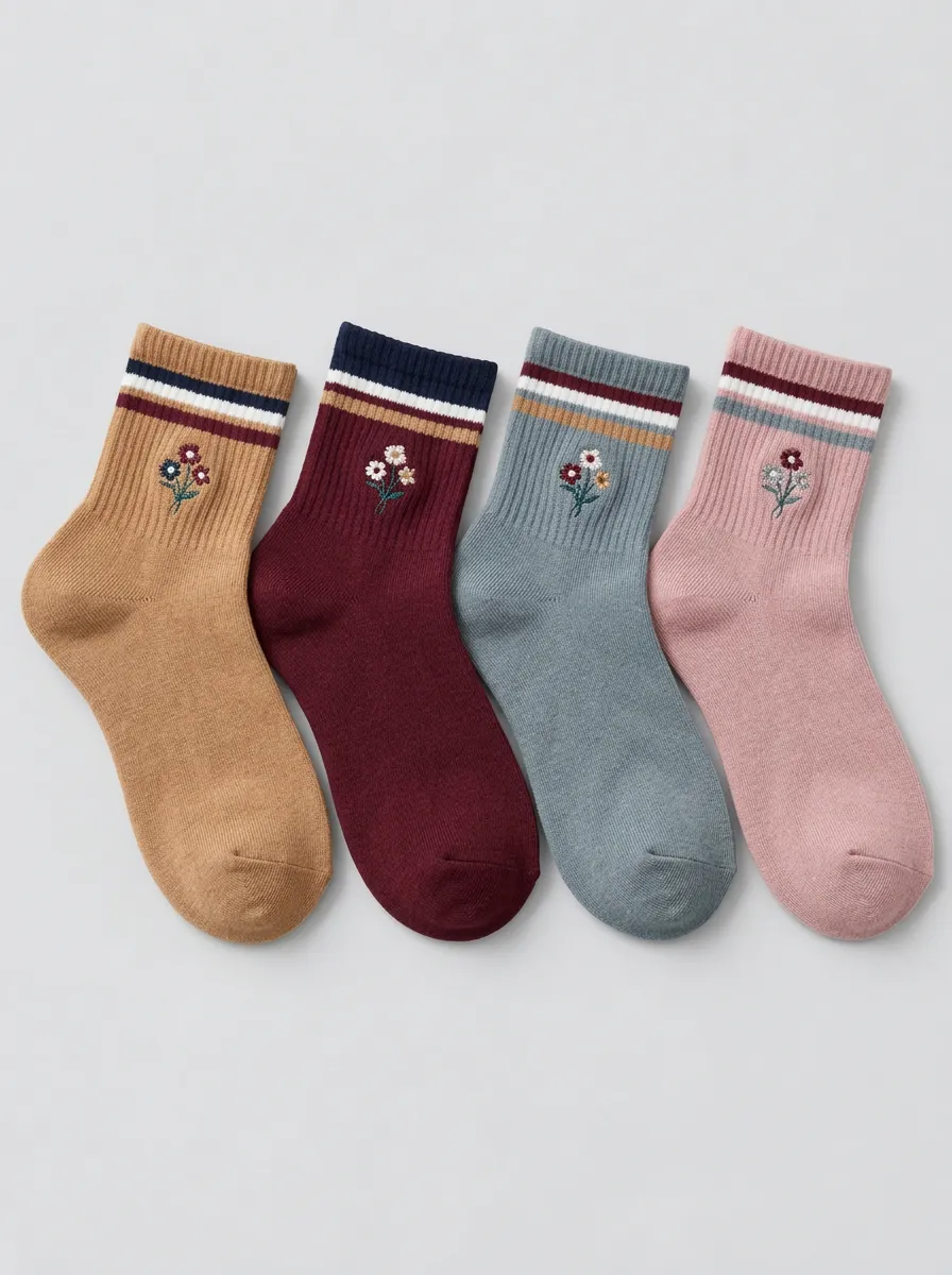 Women's Vintage Floral Striped Embroidered Cotton Socks