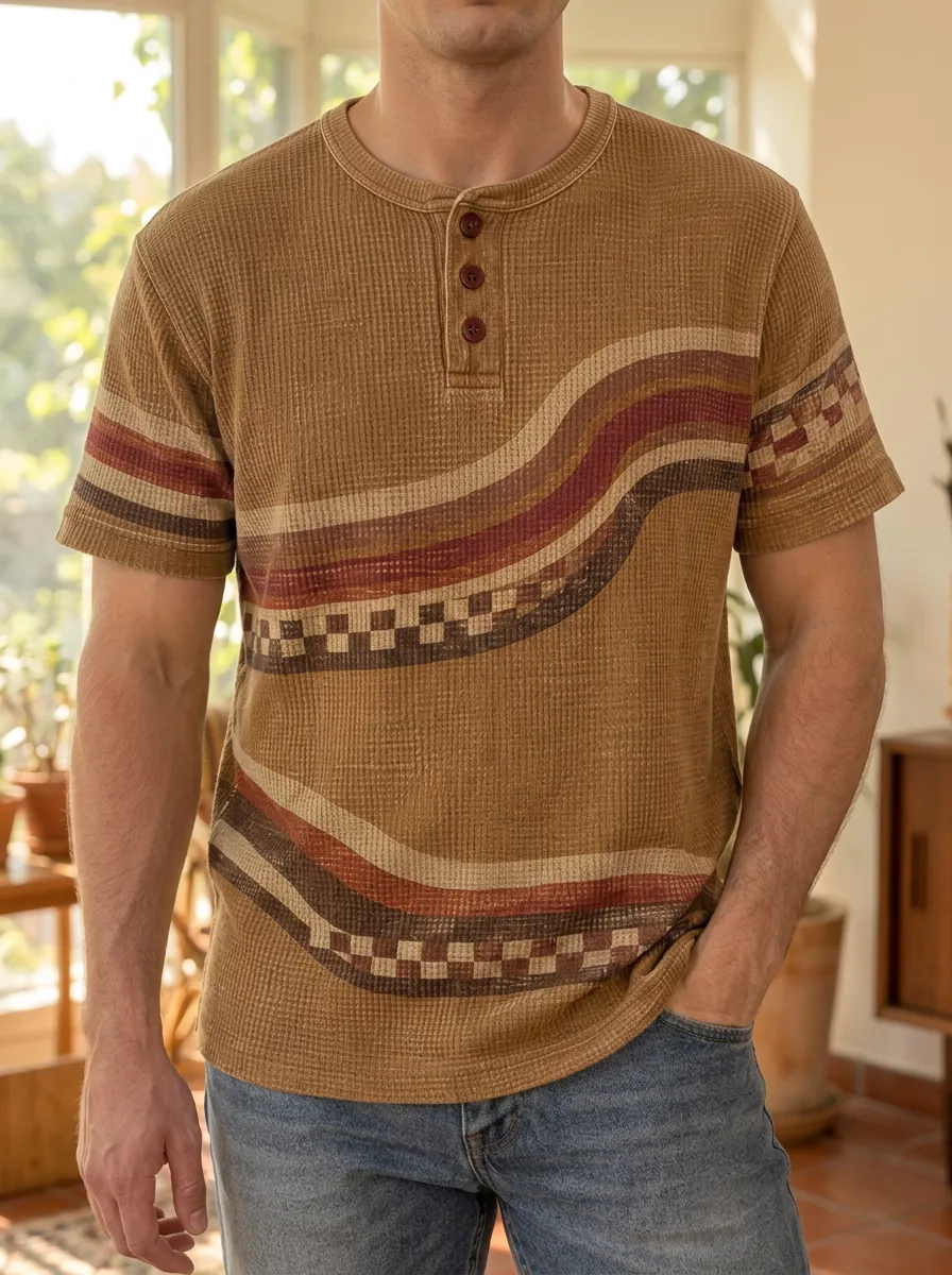 Men's Modern Vintage Retro Waffle Knit Striped Checkerboard Henley T-Shirt