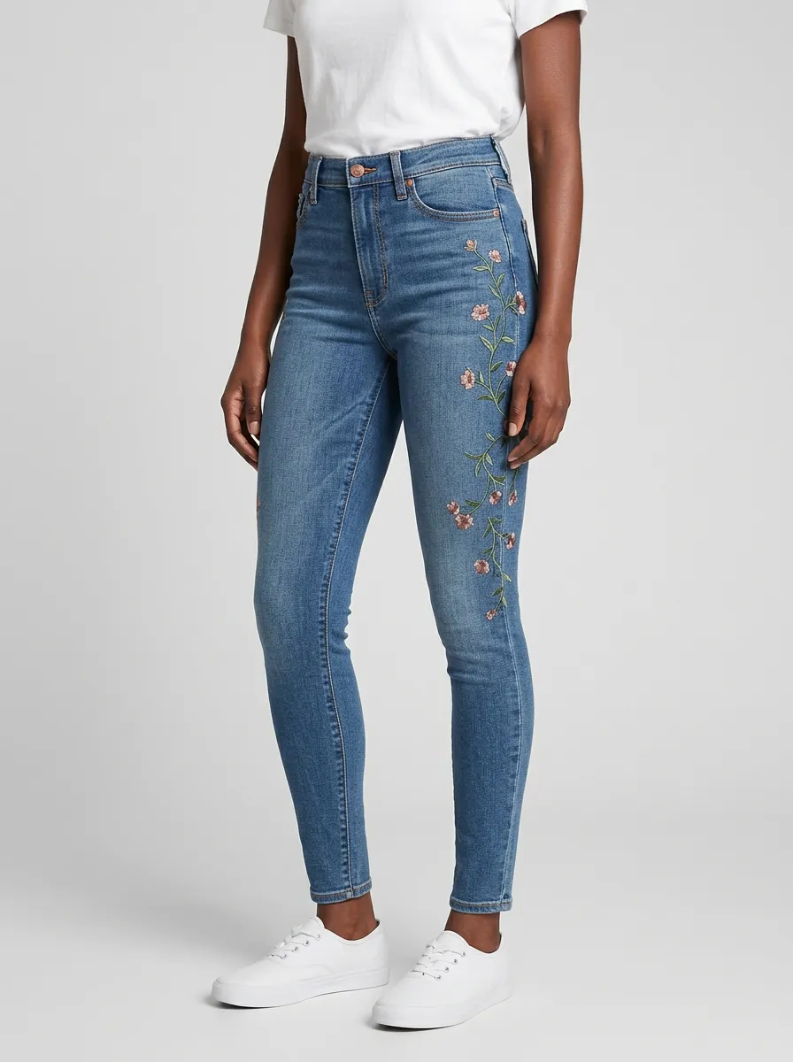 Women's Ridge Floral Pink Flower Embroidered Graphic Slim Jeans