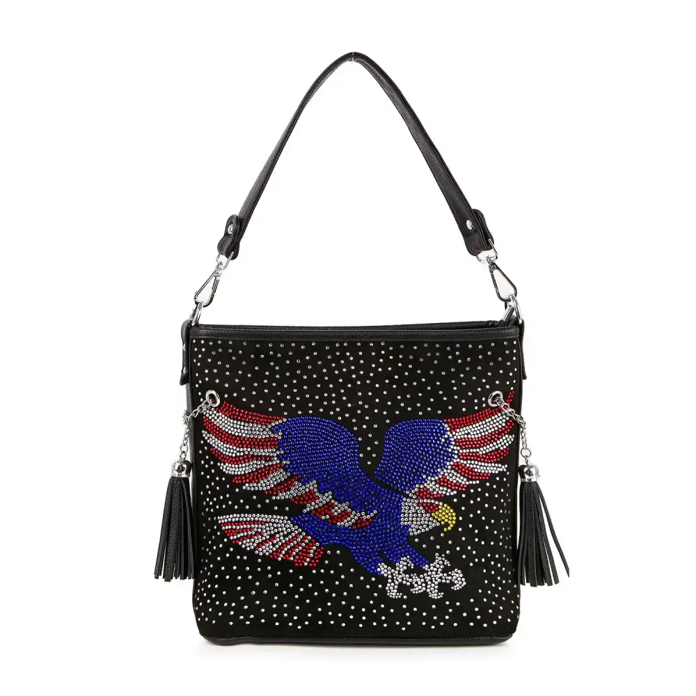 Modern Detail Crystal Accent Tassel Accent Chain Accent Faux Leather Crossbody Bag