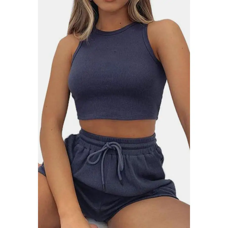 Relaxed Round Neck Top and Drawstring Shorts Set