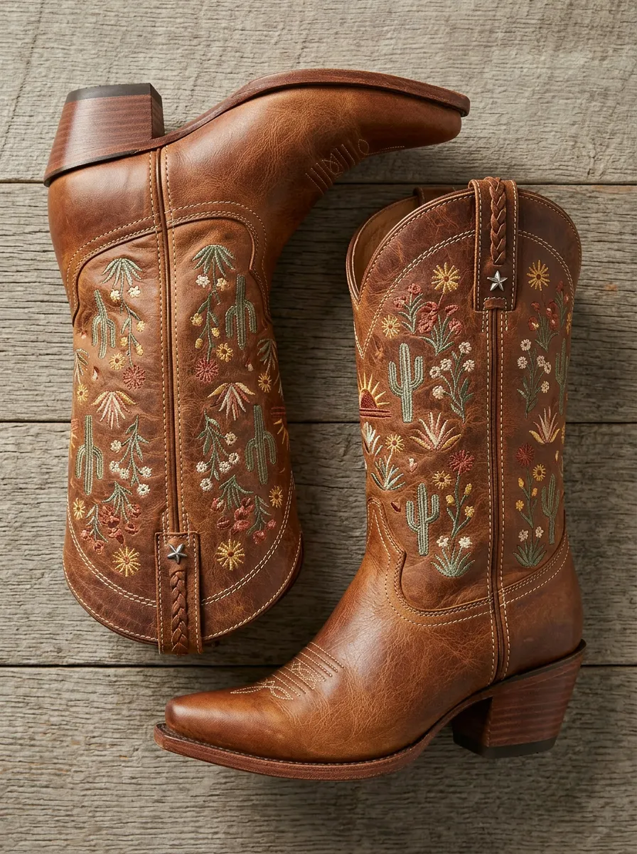 Range Cactus Desert Floral Ranch Look Unisex Western Cowboy Boots