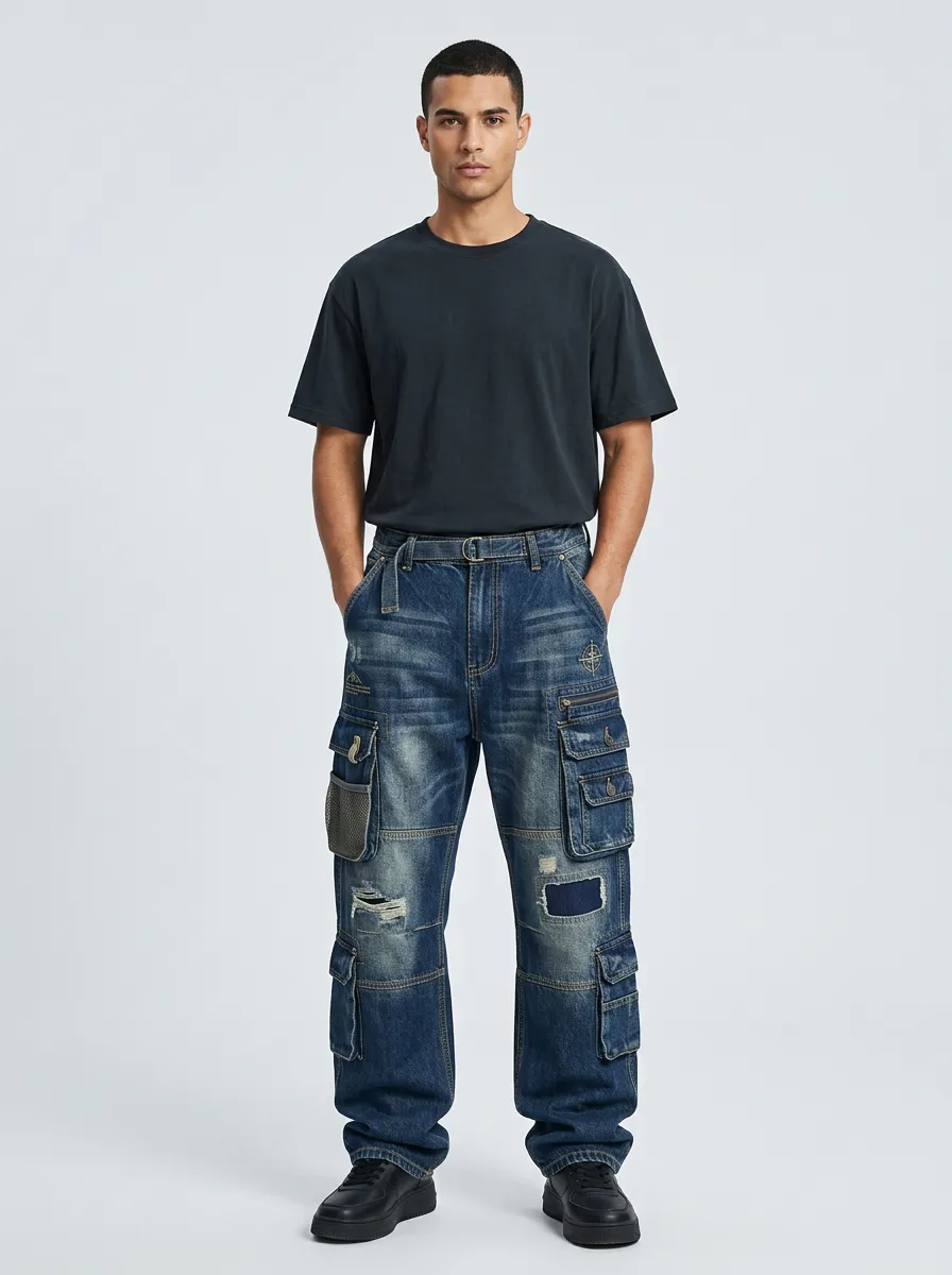 Men's Streetwear Distressed Multi-Pocket Cargo Pants