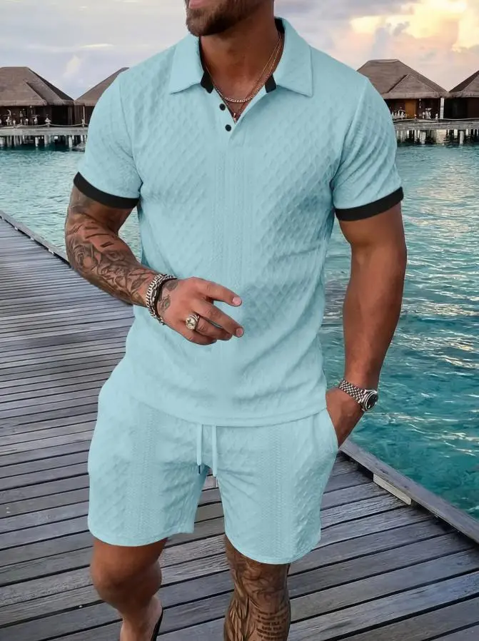 Men's Colorblock Polo Shirt & Drawstring Shorts Set, Textured Knit Short Sleeve, Casual Daily Wear, Summer Tropical Fashion Choice, Menswear, Clothes