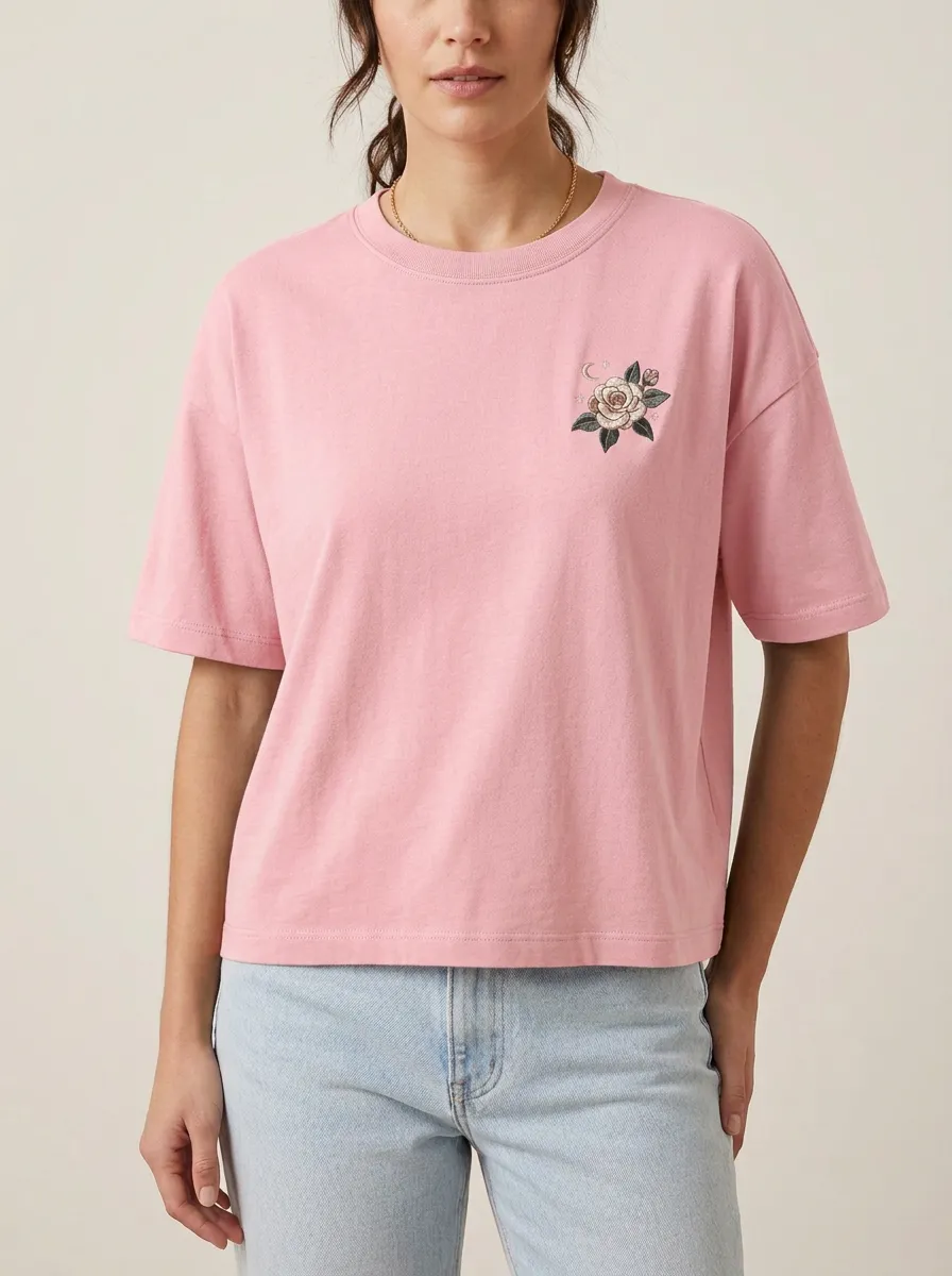 Women's Celestial Rose Embroidered Crewneck T-Shirt