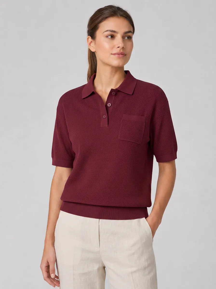 Women's Equestrian Lover Burgundy Waffle Knit Polo Shirt