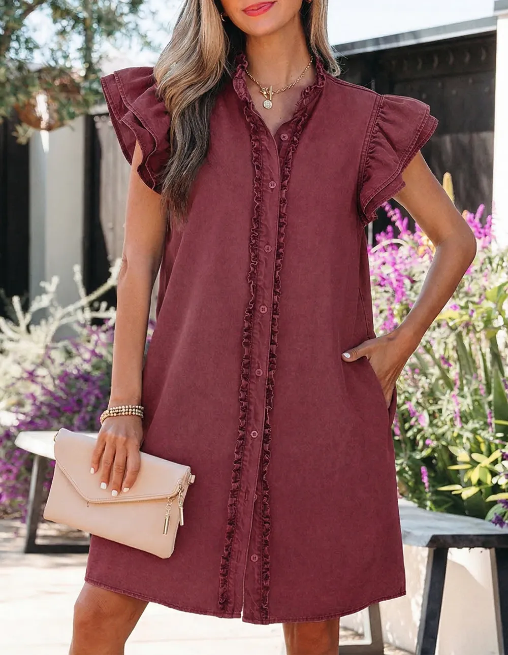 Women's Denim Short Sleeve Ruffled Frilled Mini Dress
