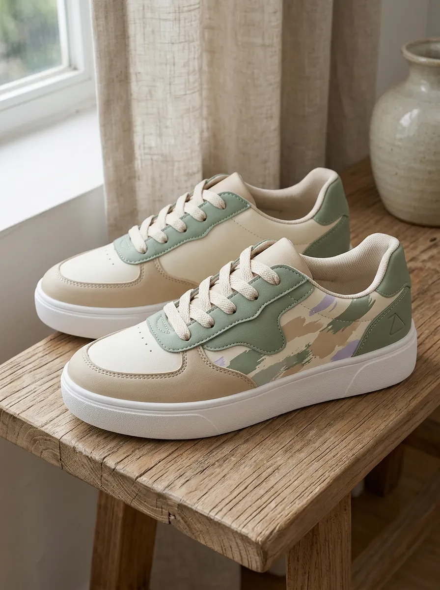 Women's Casual Sage Green Abstract Brushstroke Printed Sneakers