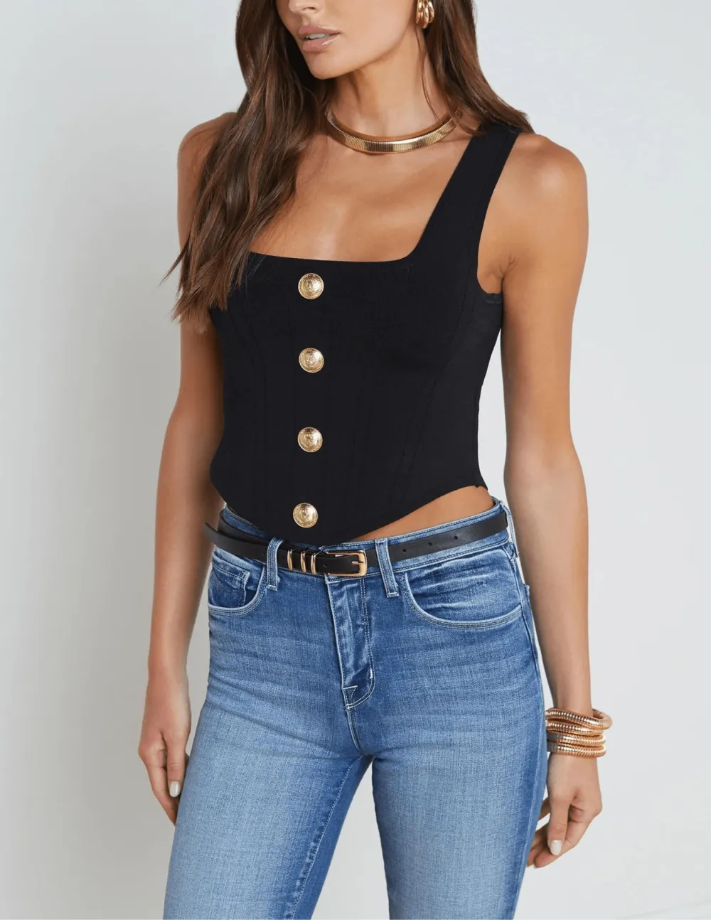 Knitted Ribbed Square-Neck Cropped Corset-Inspired Tank Top